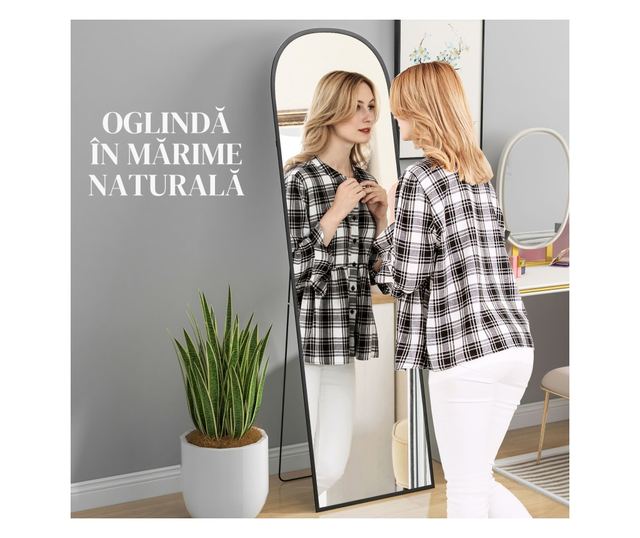 Modern alumíniumötvözet padló- és fali tükör összecsukható állvánnyal, 50x170 cm, fekete