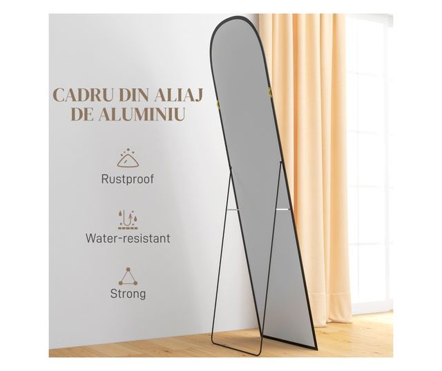Modern alumíniumötvözet padló- és fali tükör összecsukható állvánnyal, 50x170 cm, fekete