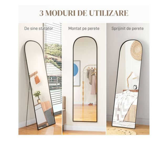 Modern alumíniumötvözet padló- és fali tükör összecsukható állvánnyal, 50x170 cm, fekete