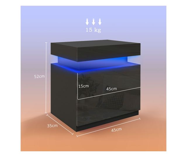 LED éjjeliszekrény 16 színnel és 4 móddal, 2 fiókkal, fa, 45x35x52 cm, fekete