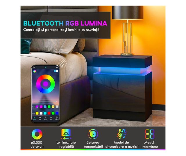 LED éjjeliszekrény 16 színnel és 4 móddal, 2 fiókkal, fa, 45x35x52 cm, fekete