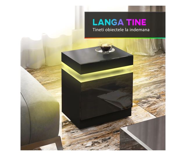 LED éjjeliszekrény 16 színnel és 4 móddal, 2 fiókkal, fa, 45x35x52 cm, fekete