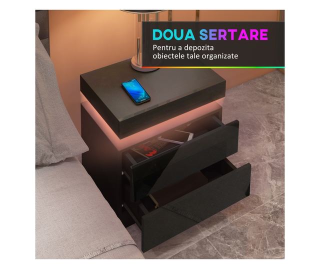 LED éjjeliszekrény 16 színnel és 4 móddal, 2 fiókkal, fa, 45x35x52 cm, fekete