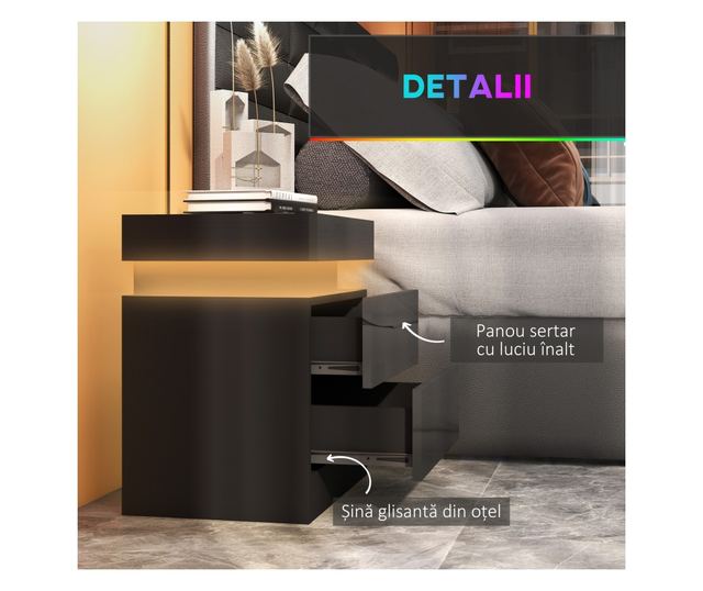 LED éjjeliszekrény 16 színnel és 4 móddal, 2 fiókkal, fa, 45x35x52 cm, fekete