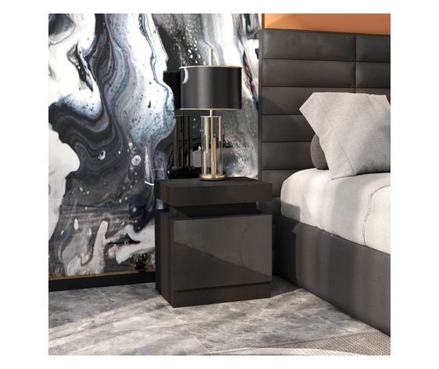 LED éjjeliszekrény 16 színnel és 4 móddal, 2 fiókkal, fa, 45x35x52 cm, fekete