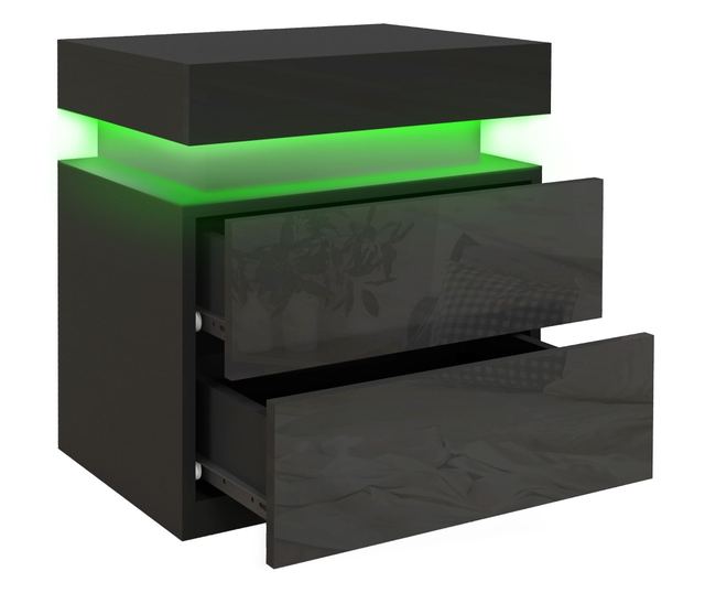 LED éjjeliszekrény 16 színnel és 4 móddal, 2 fiókkal, fa, 45x35x52 cm, fekete