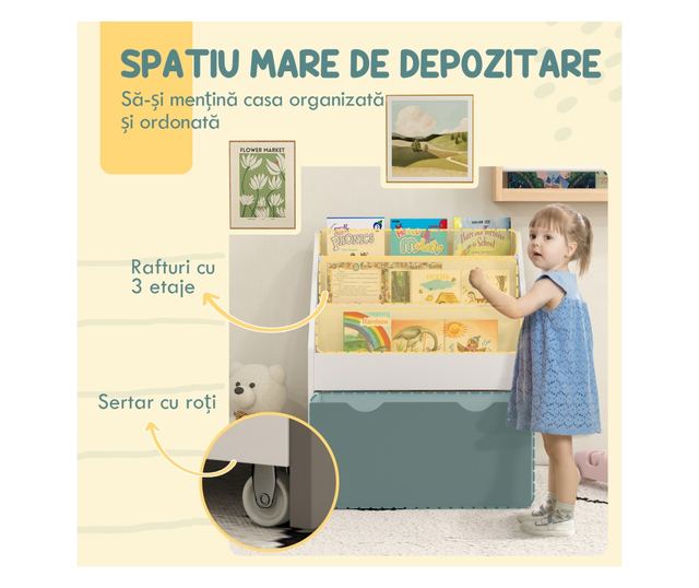 Gyermek könyvespolc 3-8 éveseknek 3 polccal és alsó fiókkal, MDF, 62,5x30x70 cm, Szürke