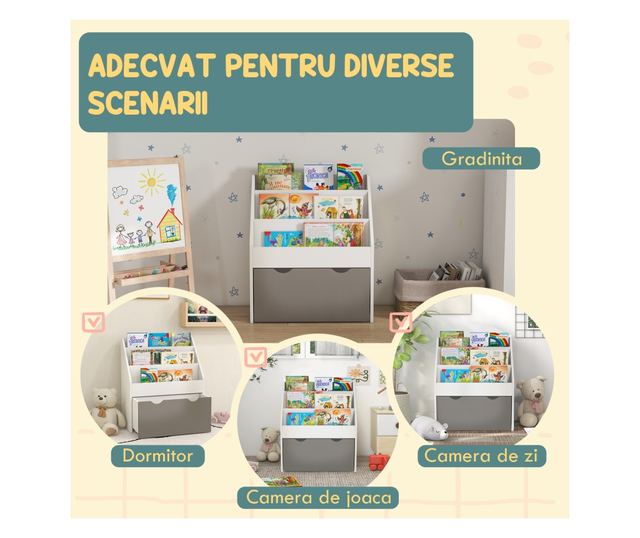 Gyermek könyvespolc 3-8 éveseknek 3 polccal és alsó fiókkal, MDF, 62,5x30x70 cm, Szürke