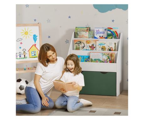 Bibliotecă pentru Copii 3-8 Ani cu 3 Rafturi și Sertar Inferior, Raft pentru Jucării din MDF, 62.5x30x70 cm, Alb și Verde