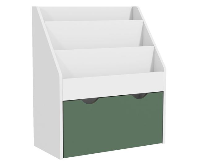 Gyermek könyvespolc polcokkal, fiókkal, hálószobába, játszószobába, fehér és zöld