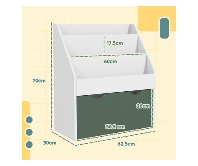 Gyermek könyvespolc polcokkal, fiókkal, hálószobába, játszószobába, fehér és zöld