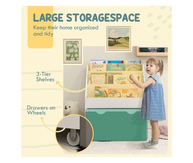 Gyermek könyvespolc polcokkal, fiókkal, hálószobába, játszószobába, fehér és zöld