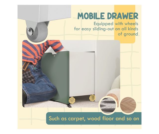 Gyermek könyvespolc polcokkal, fiókkal, hálószobába, játszószobába, fehér és zöld