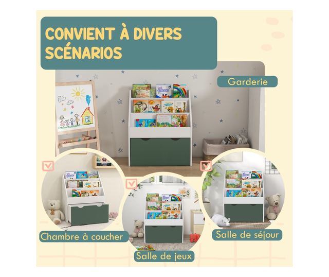 Gyermek könyvespolc polcokkal, fiókkal, hálószobába, játszószobába, fehér és zöld