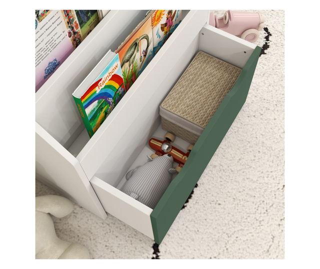 Gyermek könyvespolc polcokkal, fiókkal, hálószobába, játszószobába, fehér és zöld
