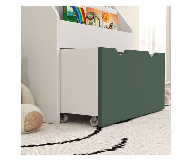 Gyermek könyvespolc polcokkal, fiókkal, hálószobába, játszószobába, fehér és zöld