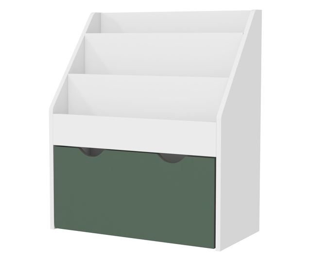 Gyermek könyvespolc polcokkal, fiókkal, hálószobába, játszószobába, fehér és zöld