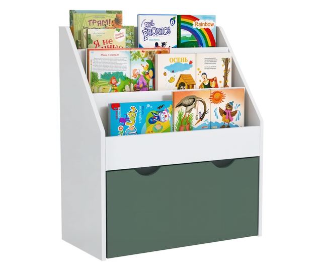 Gyermek könyvespolc polcokkal, fiókkal, hálószobába, játszószobába, fehér és zöld