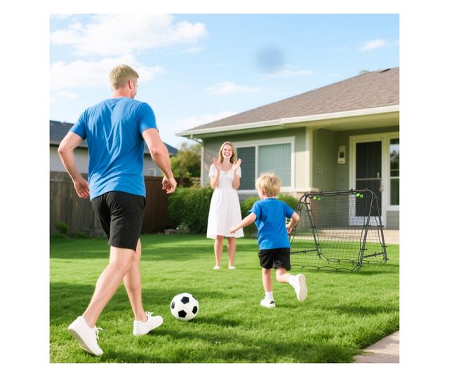 Összecsukható PE és acél futballkapu, állítható szög és leszúrók, 100x95x90 cm, kék