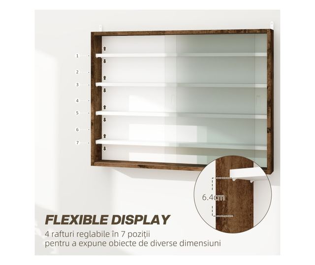 Falra szerelhető vitrin 2 üvegajtóval és 4 állítható polccal, barna