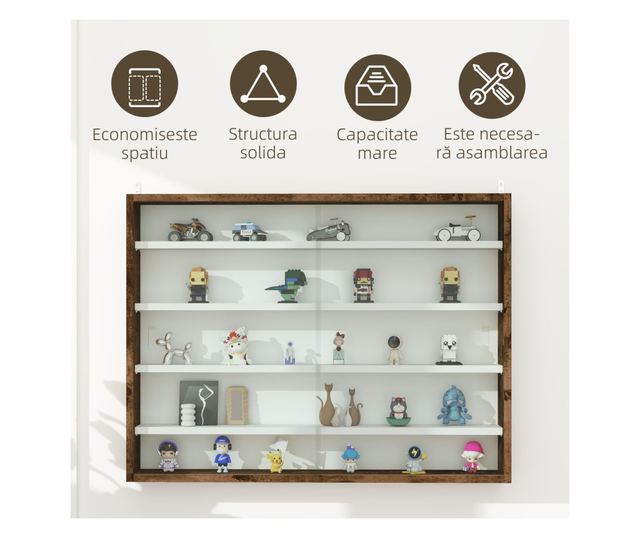 Falra szerelhető vitrin 2 üvegajtóval és 4 állítható polccal, barna