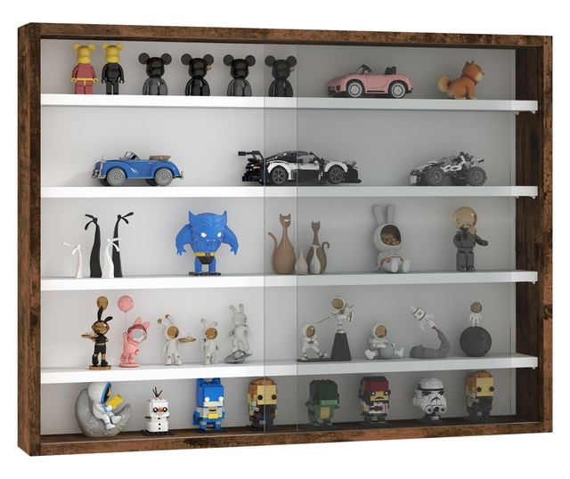 Falra szerelhető vitrin 2 üvegajtóval és 4 állítható polccal, barna