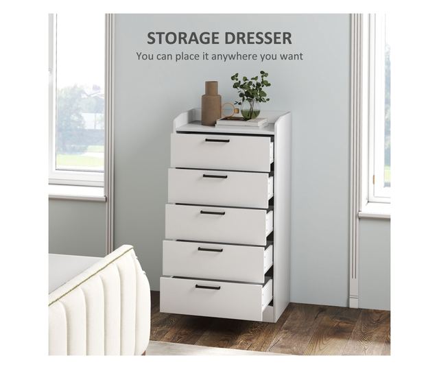 Fehér fa 5 fiókos komód, 60x40x114 cm