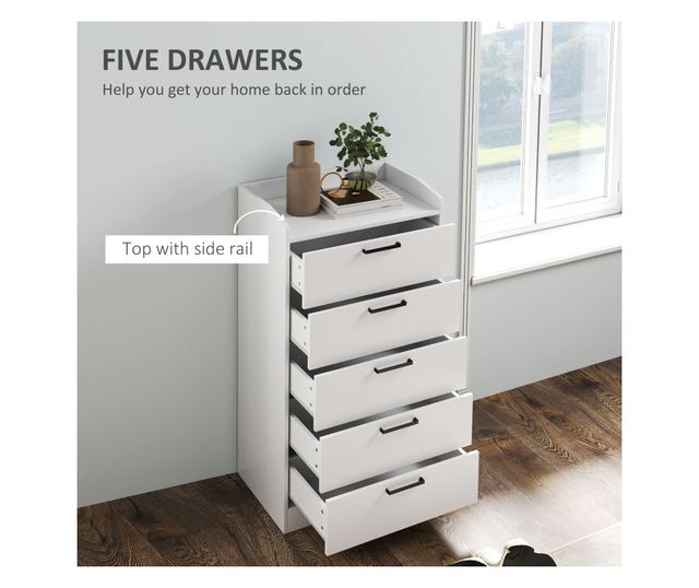 Fehér fa 5 fiókos komód, 60x40x114 cm