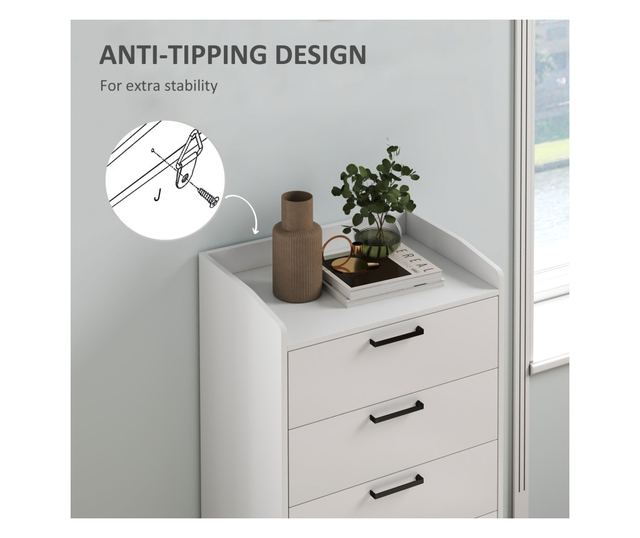 Fehér fa 5 fiókos komód, 60x40x114 cm