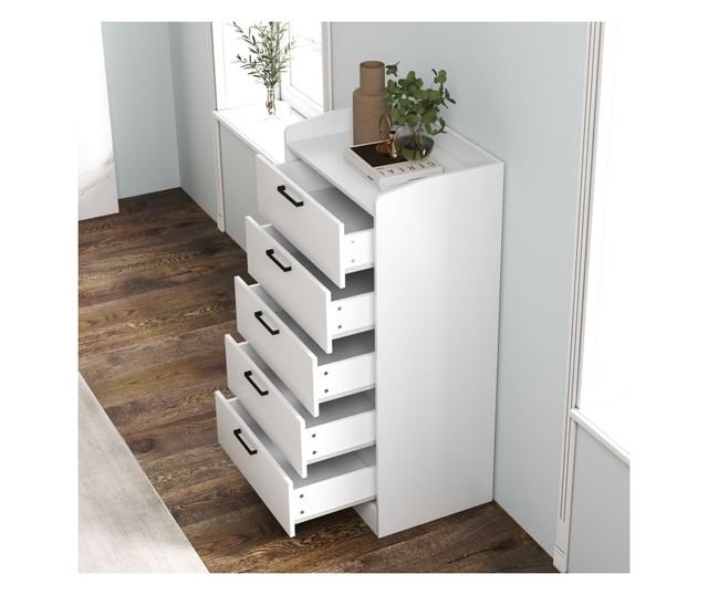 Fehér fa 5 fiókos komód, 60x40x114 cm