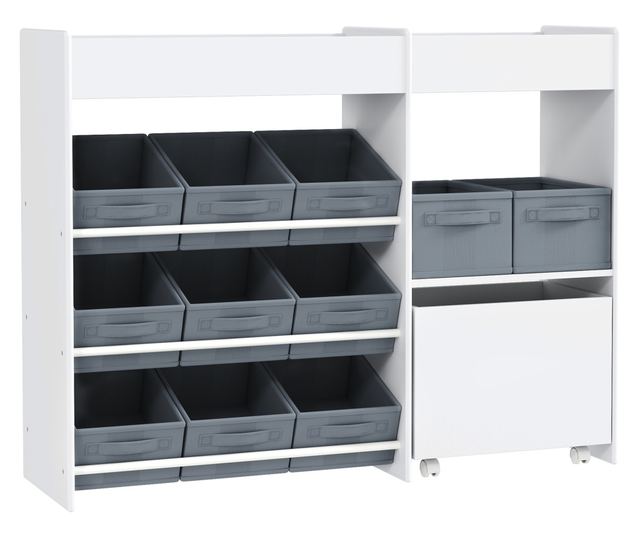 Gyerek Játékrendező Tároló 11 Textil Dobozzal, Szekrénnyel és Polcokkal, 105x30x80 cm, Fehér