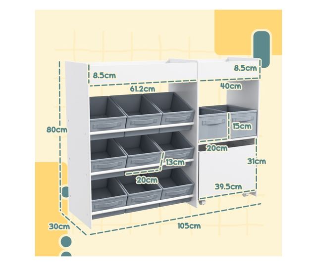 Gyerek Játékrendező Tároló 11 Textil Dobozzal, Szekrénnyel és Polcokkal, 105x30x80 cm, Fehér