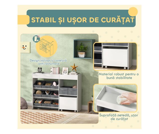 Gyerek Játékrendező Tároló 11 Textil Dobozzal, Szekrénnyel és Polcokkal, 105x30x80 cm, Fehér