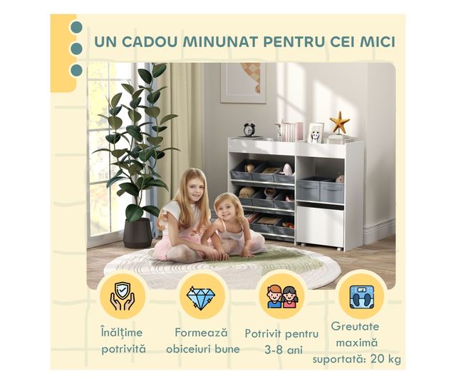 Gyerek Játékrendező Tároló 11 Textil Dobozzal, Szekrénnyel és Polcokkal, 105x30x80 cm, Fehér