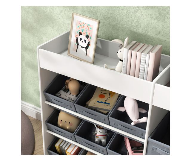 Gyerek Játékrendező Tároló 11 Textil Dobozzal, Szekrénnyel és Polcokkal, 105x30x80 cm, Fehér