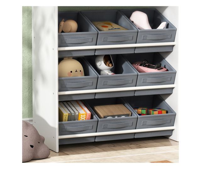 Gyerek Játékrendező Tároló 11 Textil Dobozzal, Szekrénnyel és Polcokkal, 105x30x80 cm, Fehér