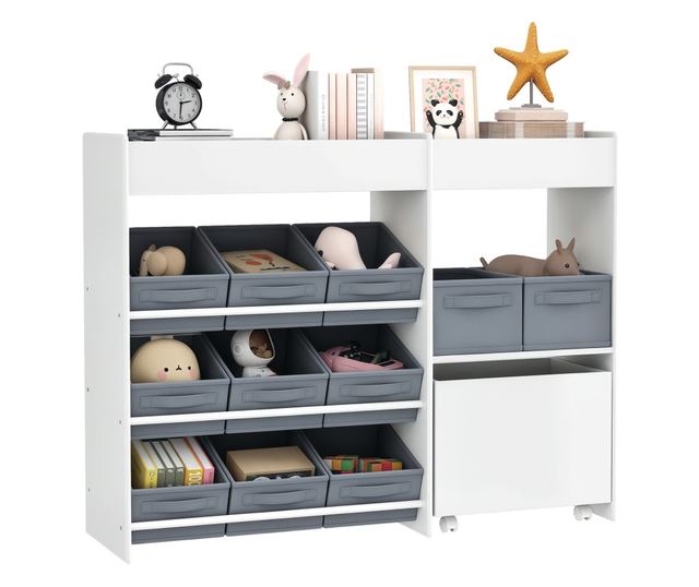 Gyerek Játékrendező Tároló 11 Textil Dobozzal, Szekrénnyel és Polcokkal, 105x30x80 cm, Fehér