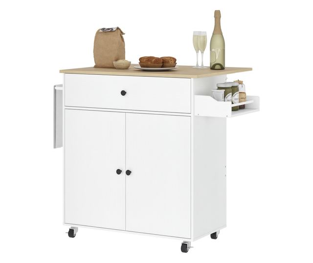 Konyhasziget fiókkal, szekrénnyel, fűszertartóval és törülközőtartóval, 106x42x87 cm, fehér és tölgyfa