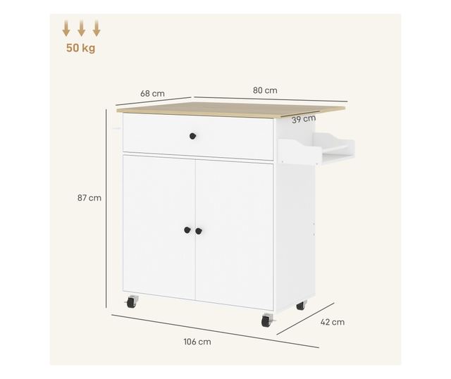 Konyhasziget fiókkal, szekrénnyel, fűszertartóval és törülközőtartóval, 106x42x87 cm, fehér és tölgyfa
