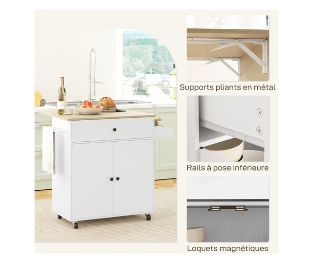 Konyhasziget fiókkal, szekrénnyel, fűszertartóval és törülközőtartóval, 106x42x87 cm, fehér és tölgyfa