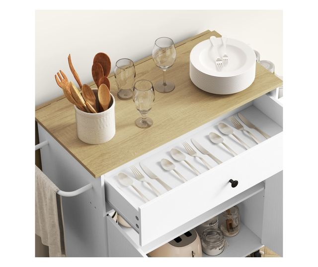 Konyhasziget fiókkal, szekrénnyel, fűszertartóval és törülközőtartóval, 106x42x87 cm, fehér és tölgyfa