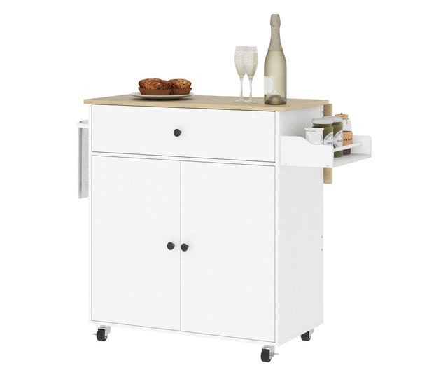 Konyhasziget fiókkal, szekrénnyel, fűszertartóval és törülközőtartóval, 106x42x87 cm, fehér és tölgyfa