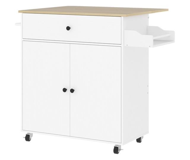 Konyhasziget fiókkal, szekrénnyel, fűszertartóval és törülközőtartóval, 106x42x87 cm, fehér és tölgyfa