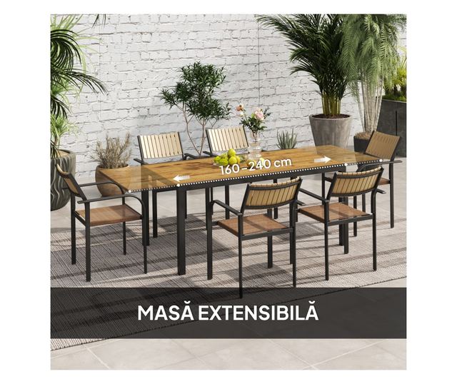 7 részes kerti étkezőgarnitúra kihúzható asztallal és 6 egymásra rakható székkel, 160/240x90x74 cm, barna