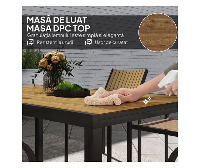 7 részes kerti étkezőgarnitúra kihúzható asztallal és 6 egymásra rakható székkel, 160/240x90x74 cm, barna