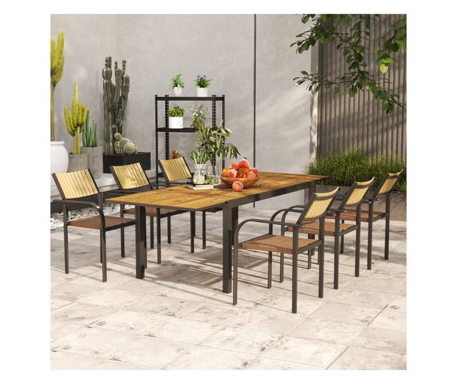 7 részes kerti étkezőgarnitúra kihúzható asztallal és 6 egymásra rakható székkel, 160/240x90x74 cm, barna