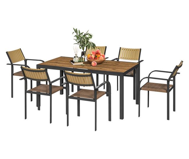 7 részes kerti étkezőgarnitúra kihúzható asztallal és 6 egymásra rakható székkel, 160/240x90x74 cm, barna