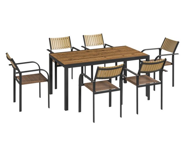 7 részes kerti étkezőgarnitúra kihúzható asztallal és 6 egymásra rakható székkel, 160/240x90x74 cm, barna