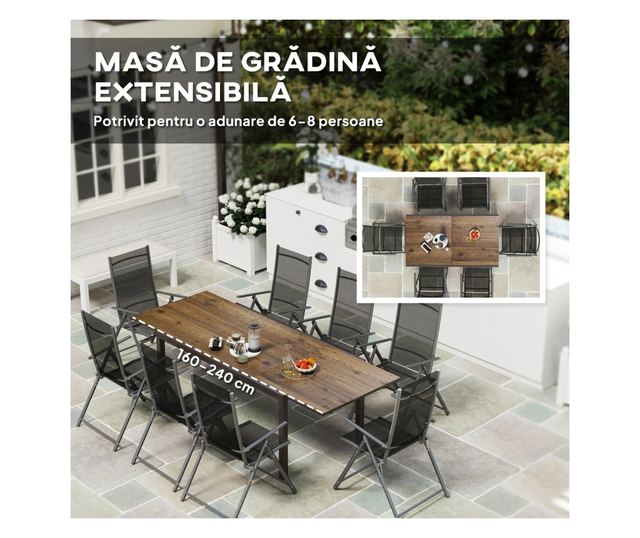 Bővíthető kerti asztal alumínium szegéllyel, 160/240x90x74 cm, barna