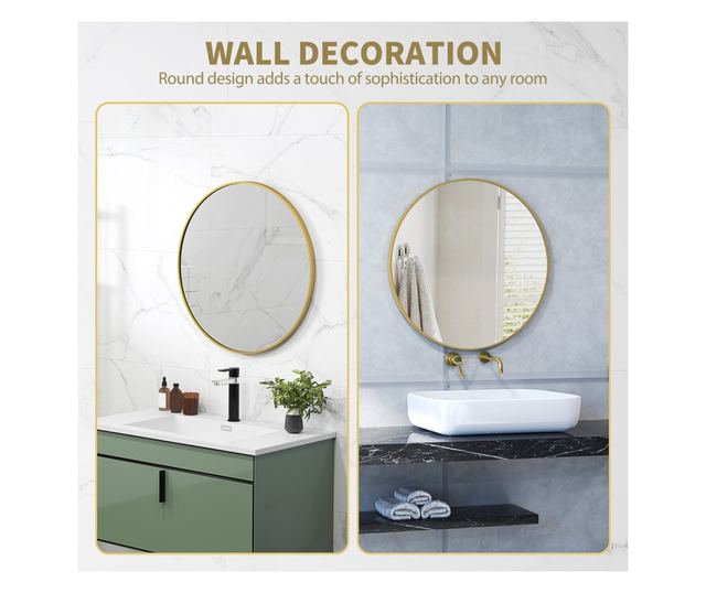 Kerek fürdőszobai tükör, üveg és acél, Ø70x2,5 cm, arany színű